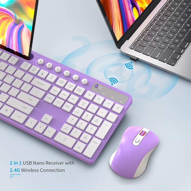 MARVO Wireless Keyboard and Mouse Combo, 2.4G Ergonomic Wireless Computer Keyboard with Phone Tablet Holder, Silent Mouse with 6 Button, Compatible with MacBook, Windows (Purple) - Image 5